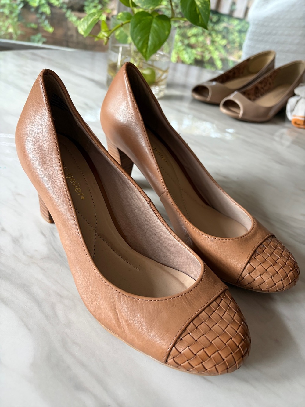 Andrew Geller Tan Woven Cap-Toe Pumps